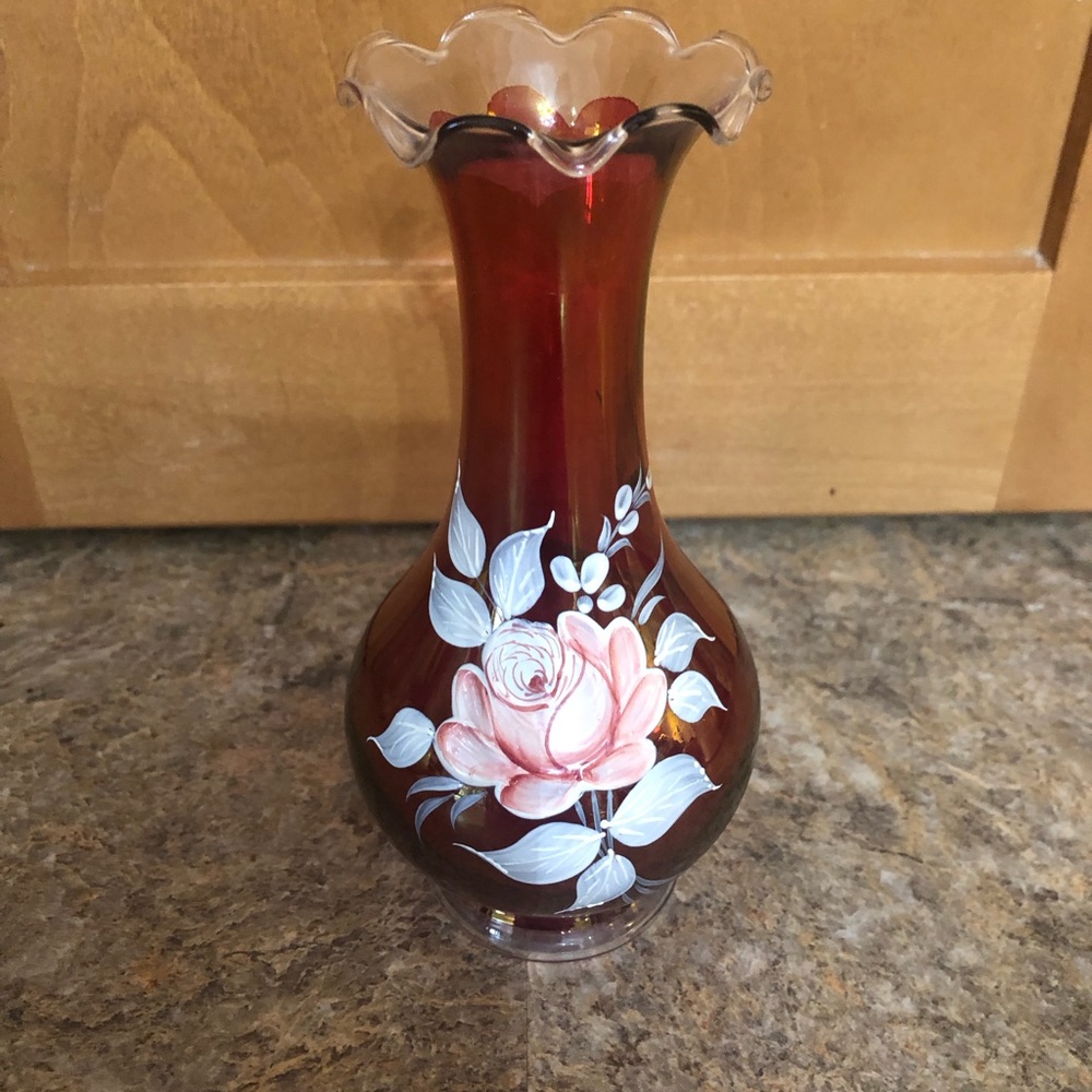 Vtg Westmoreland Ruby Hand-painted Rose Vase Signed Green 1977